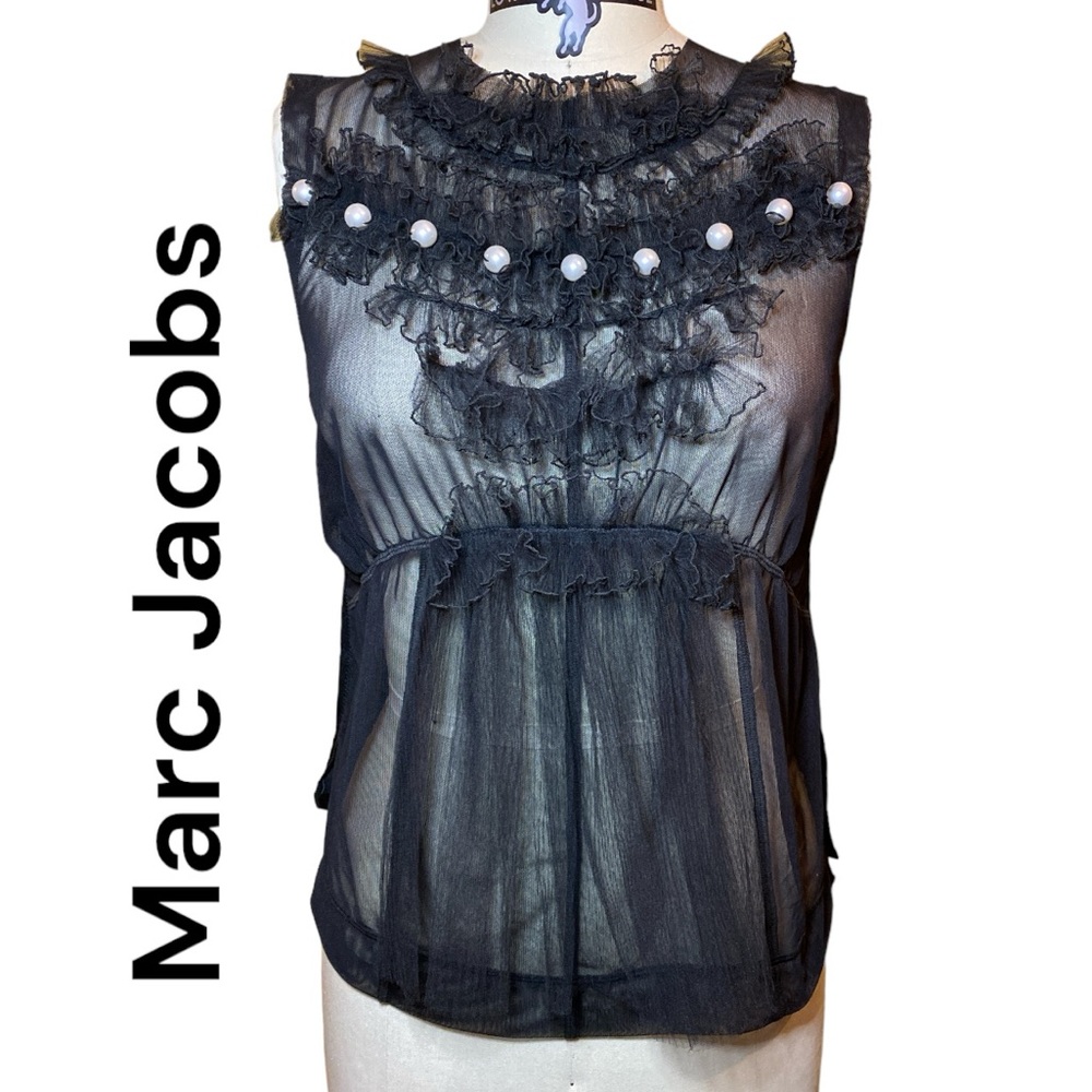 💥 Marc Jacobs Sleeveless Top w/ Front Tule Netting, Large Faux Pearls Zip Back